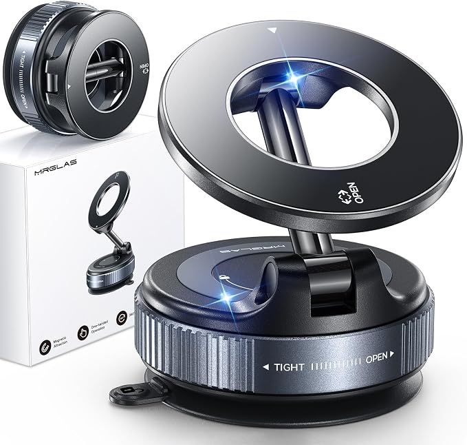 MRGLAS magnetic car phone mount with its packaging and vent attachment