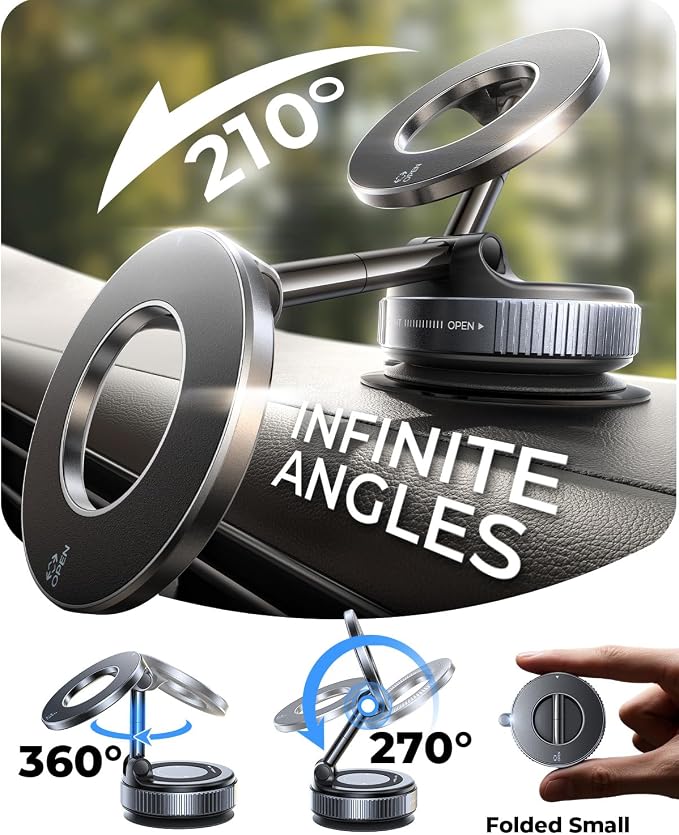 The mount on a dashboard, showing its 210 degree arm, 360 degree head and folded size