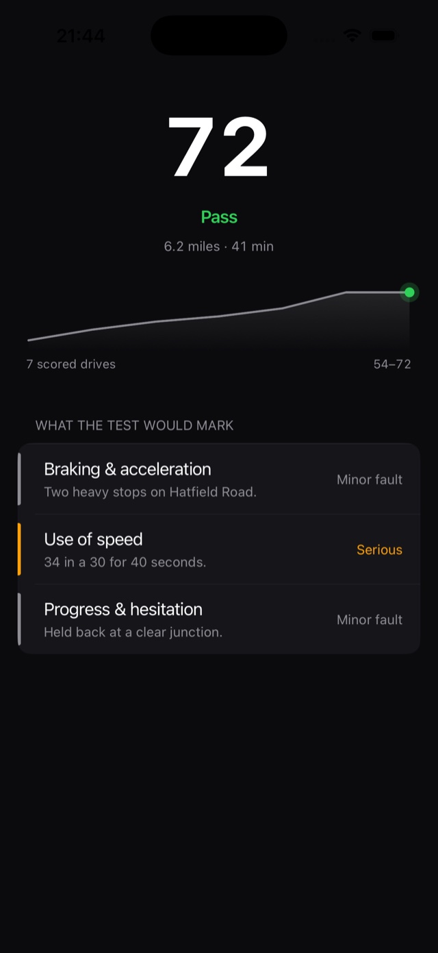 The ClutchUp debrief screen: a practice drive marked Pass at 72 out of 100, a score trend across seven drives, and the faults the test would mark — a minor fault for braking and acceleration, a serious fault for speed, and a minor fault for hesitation.