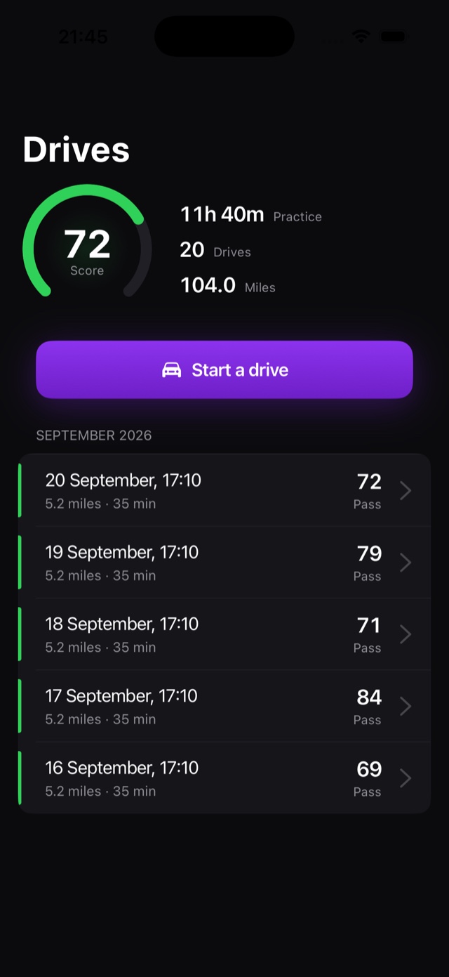 The ClutchUp Drives screen: a score dial reading 72, totals for practice hours, drives and miles, a large Start a drive button, and a list of recent drives each showing its score and a Pass verdict.
